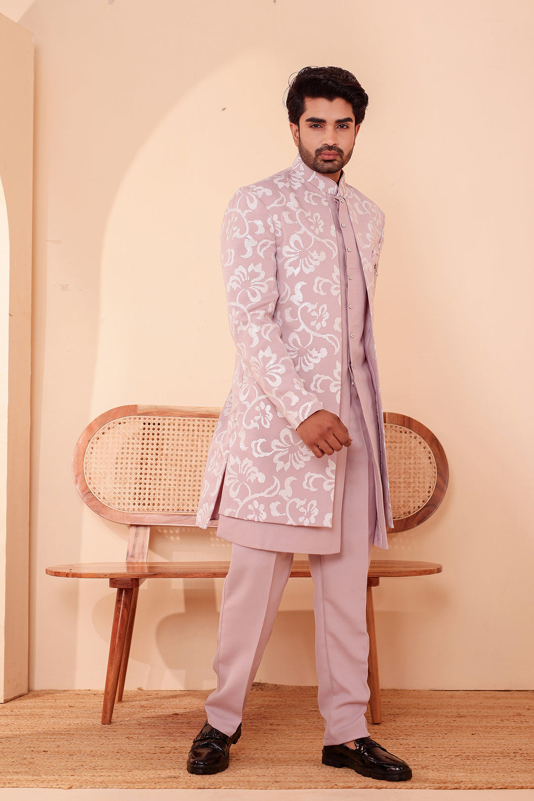 Dusty Pink Jacket Style Indo-western Suit embroidered in White Sequin Floral