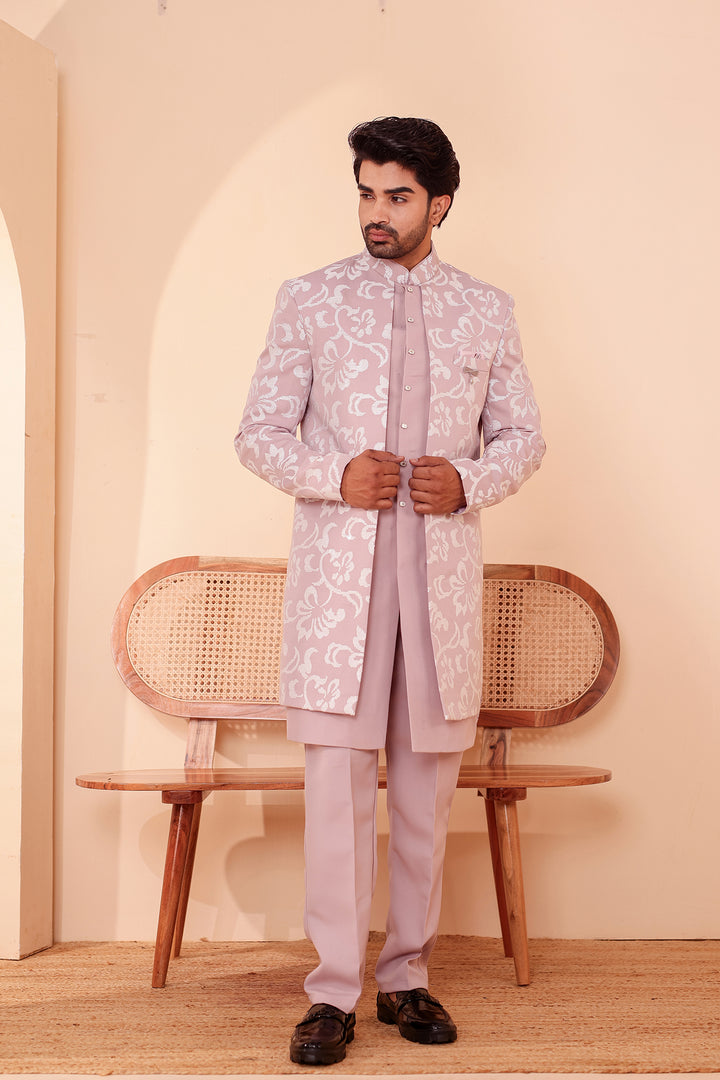 Dusty Pink Jacket Style Indo-western Suit embroidered in White Sequin Floral