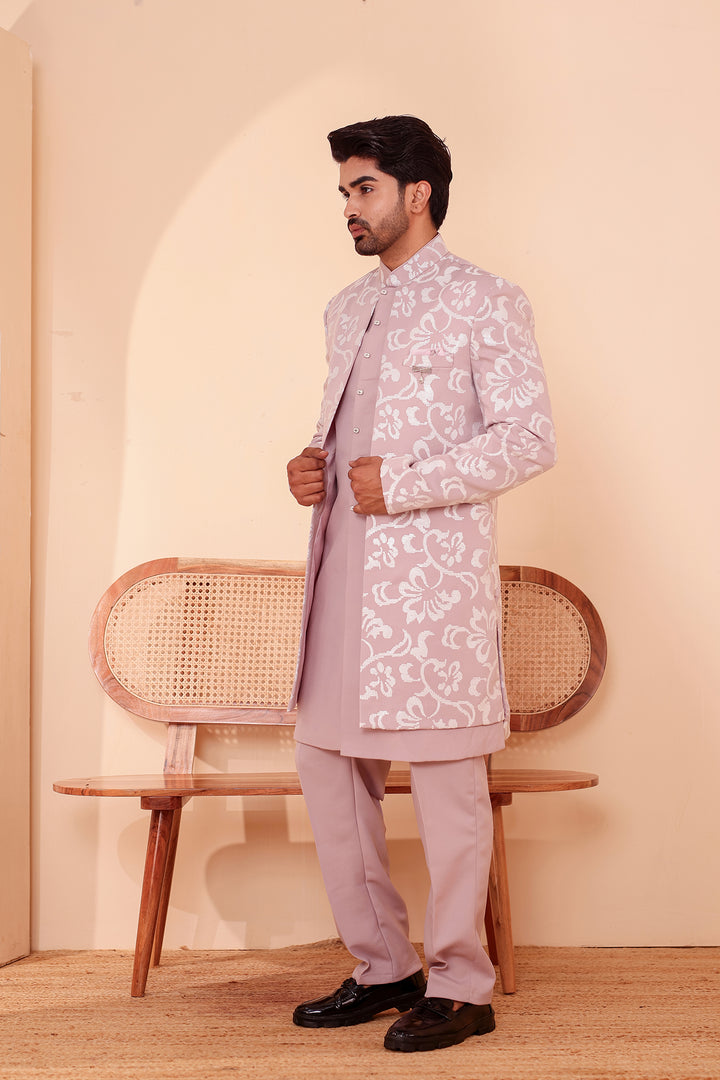 Dusty Pink Jacket Style Indo-western Suit embroidered in White Sequin Floral