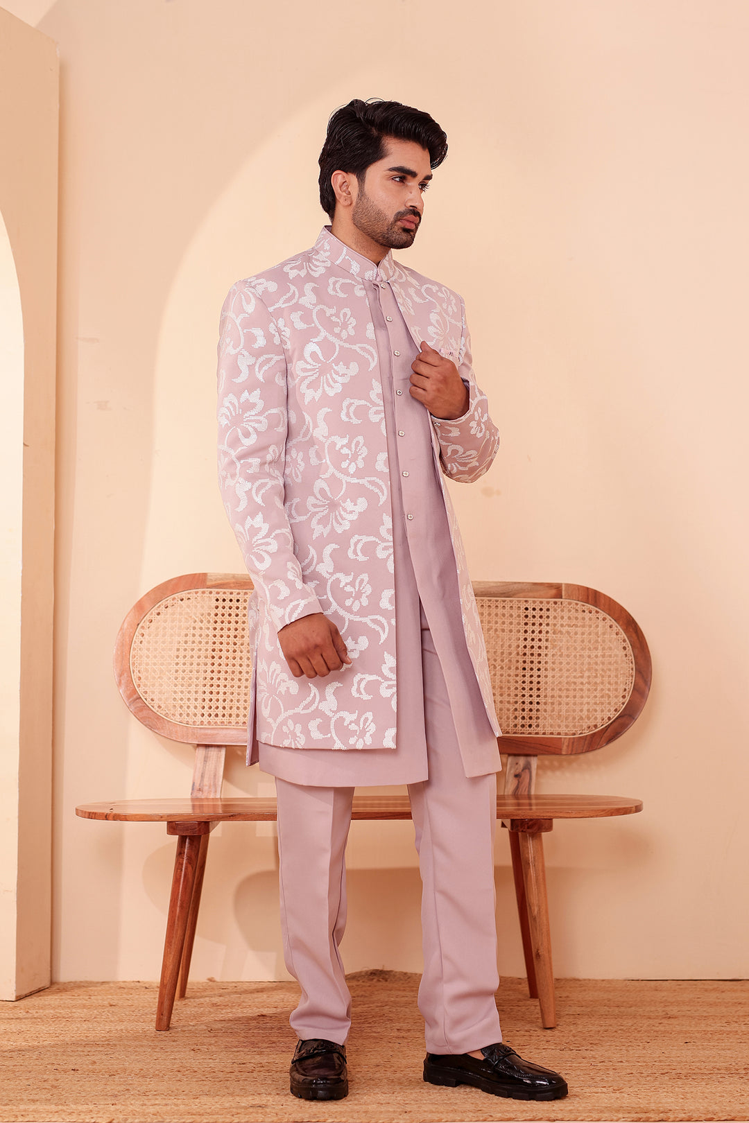 Dusty Pink Jacket Style Indo-western Suit embroidered in White Sequin Floral