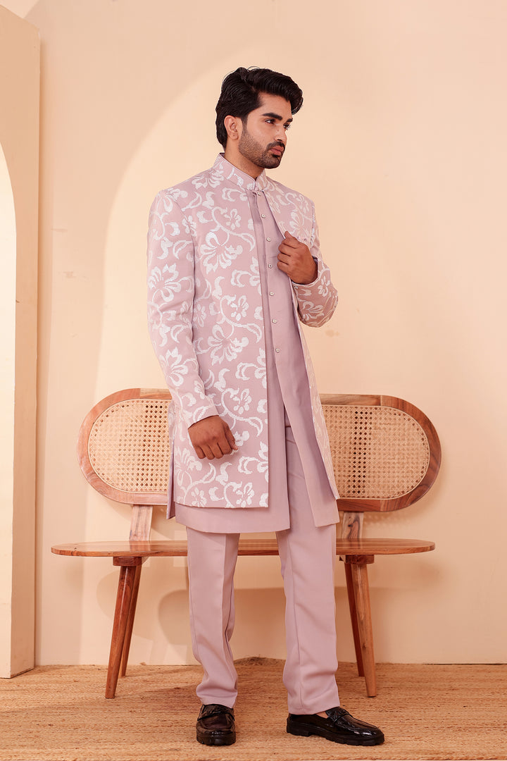 Dusty Pink Jacket Style Indo-western Suit embroidered in White Sequin Floral