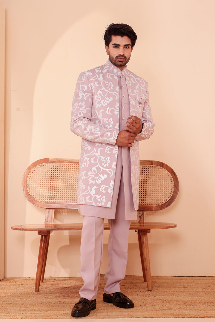 Dusty Pink Jacket Style Indo-western Suit embroidered in White Sequin Floral