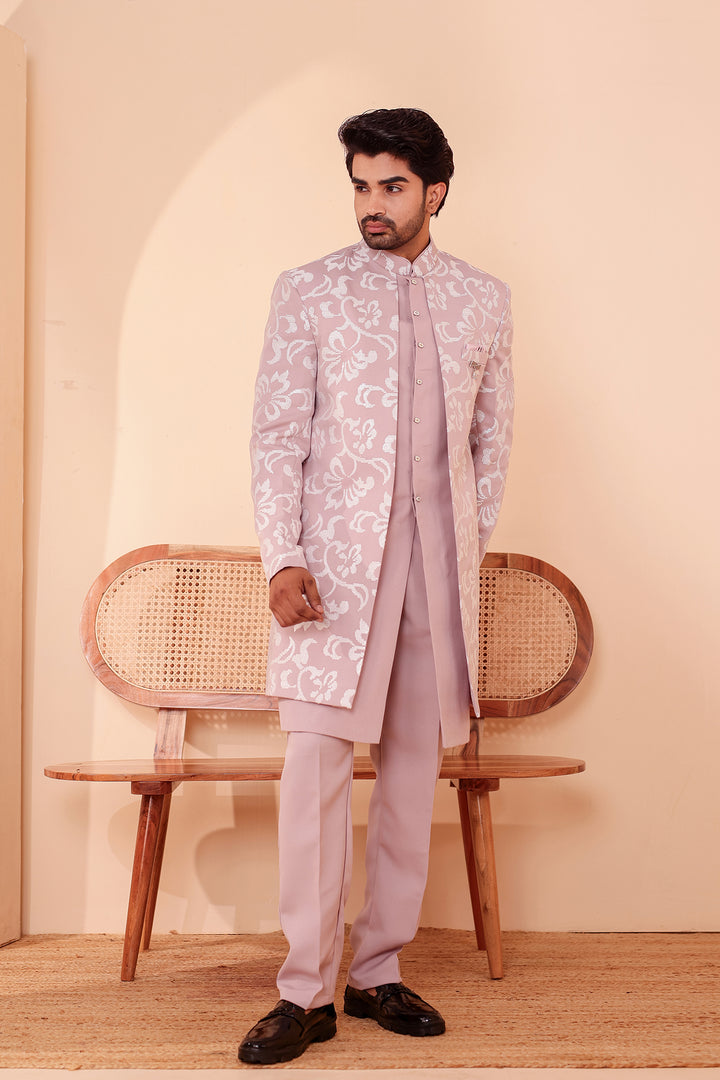 Dusty Pink Jacket Style Indo-western Suit embroidered in White Sequin Floral