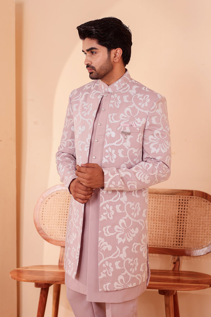 Dusty Pink Jacket Style Indo-western Suit embroidered in White Sequin Floral