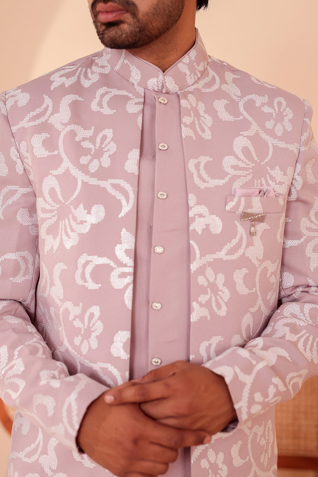 Dusty Pink Jacket Style Indo-western Suit embroidered in White Sequin Floral
