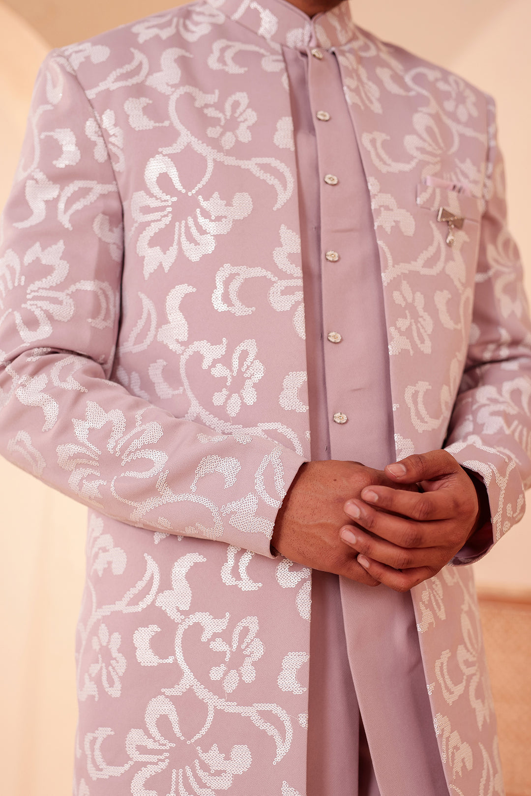 Dusty Pink Jacket Style Indo-western Suit embroidered in White Sequin Floral