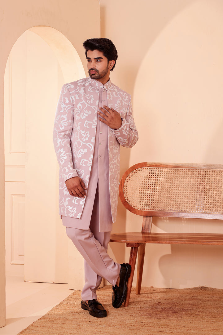 Dusty Pink Jacket Style Indo-western Suit embroidered in White Sequin Floral