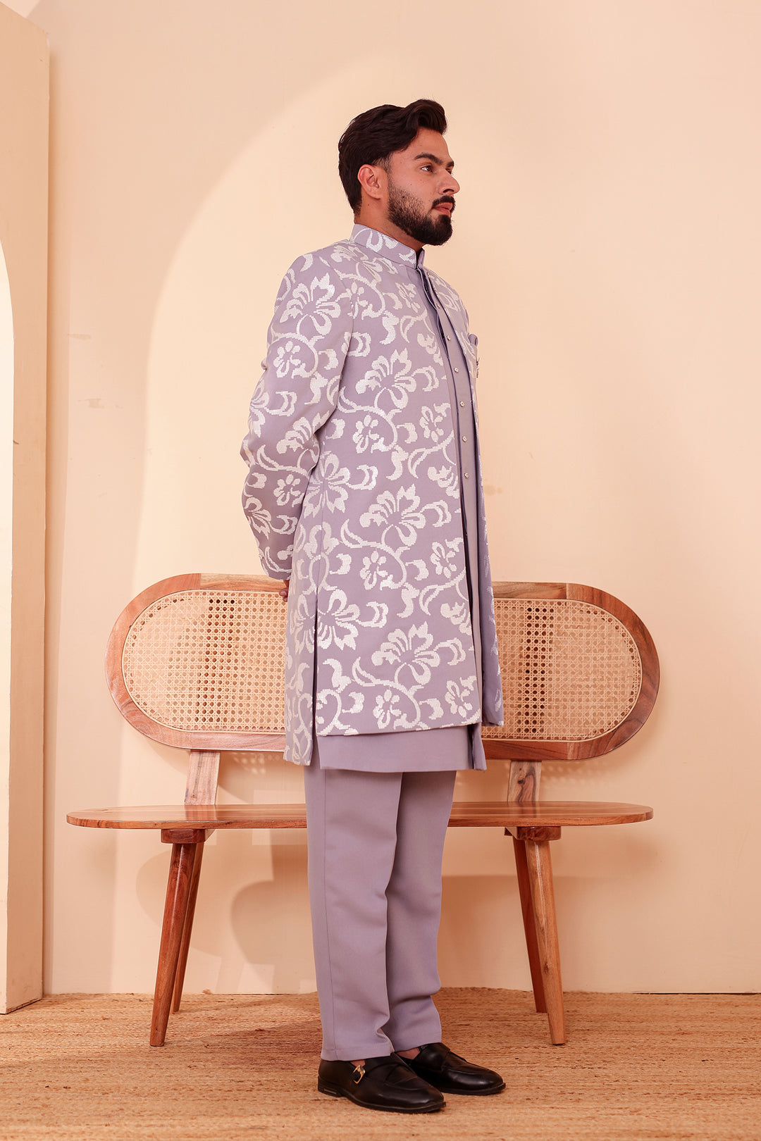 Light Lavander Jacket Style Indo-western Suit embroidered in White Sequin Floral.