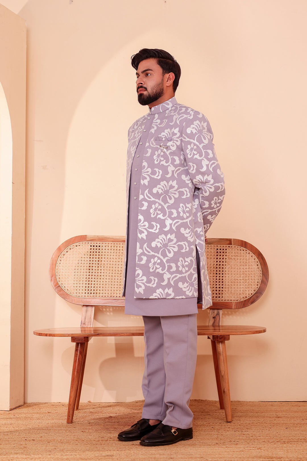 Light Lavander Jacket Style Indo-western Suit embroidered in White Sequin Floral.