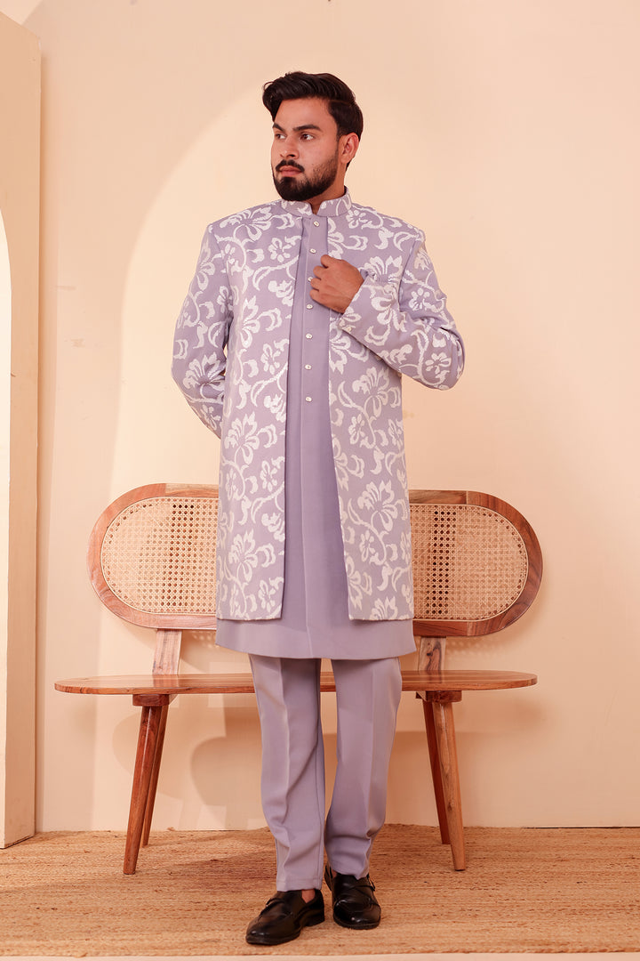 Light Lavander Jacket Style Indo-western Suit embroidered in White Sequin Floral.
