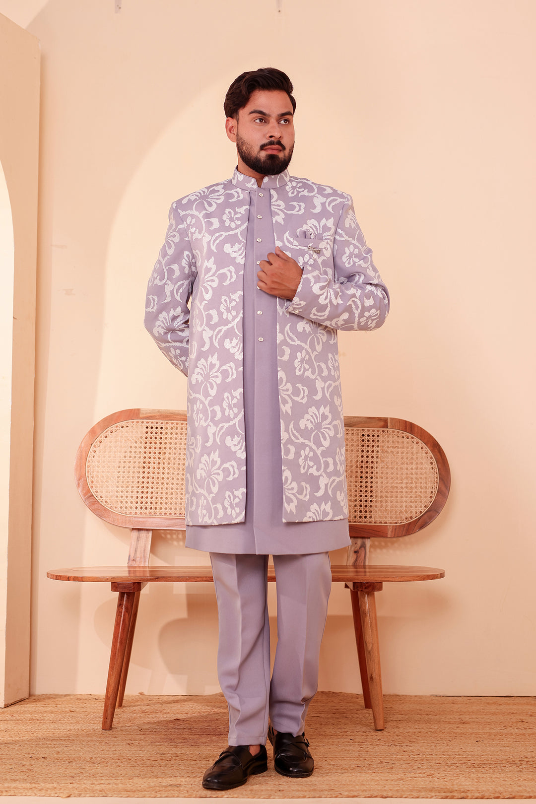 Light Lavander Jacket Style Indo-western Suit embroidered in White Sequin Floral.