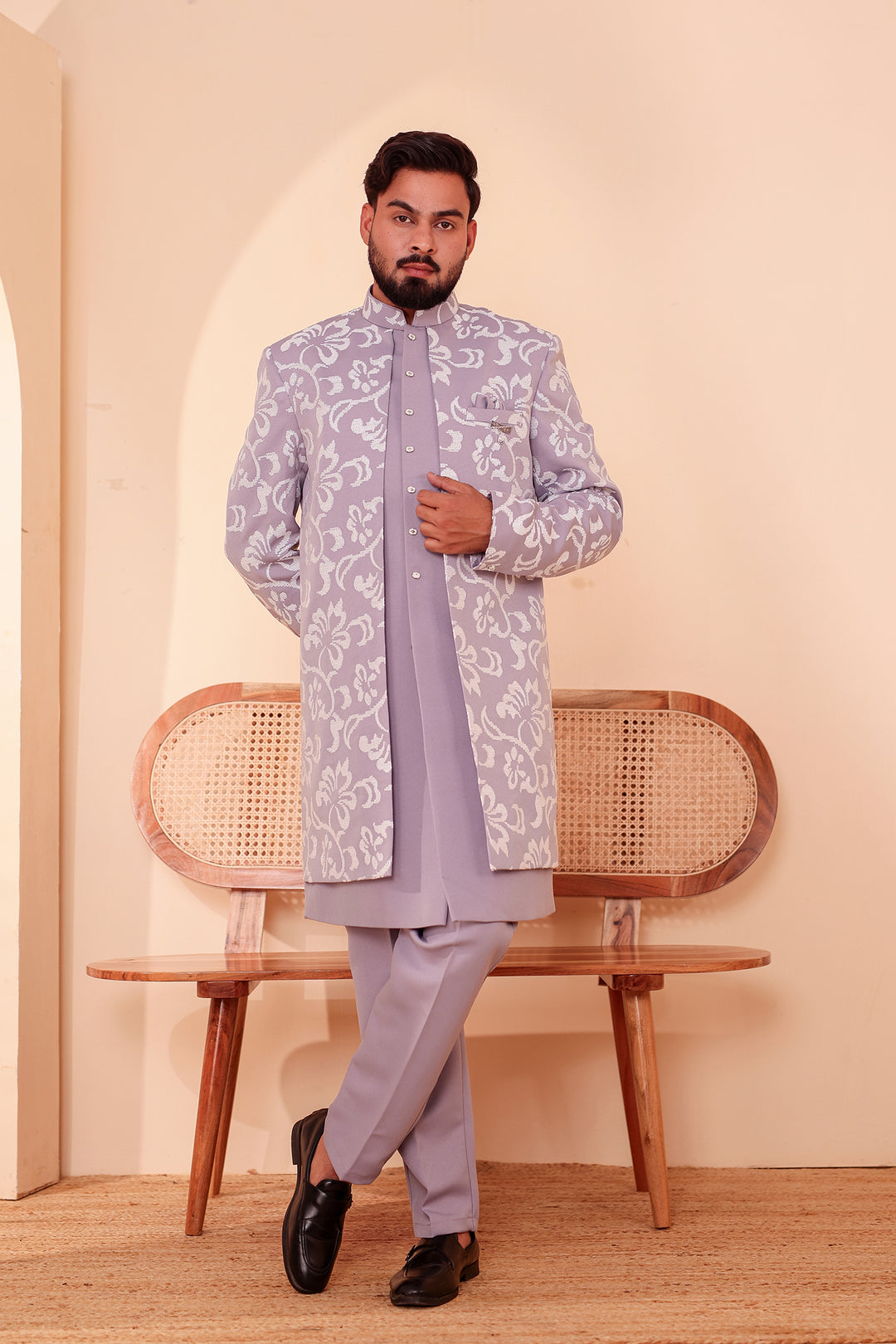 Light Lavander Jacket Style Indo-western Suit embroidered in White Sequin Floral.