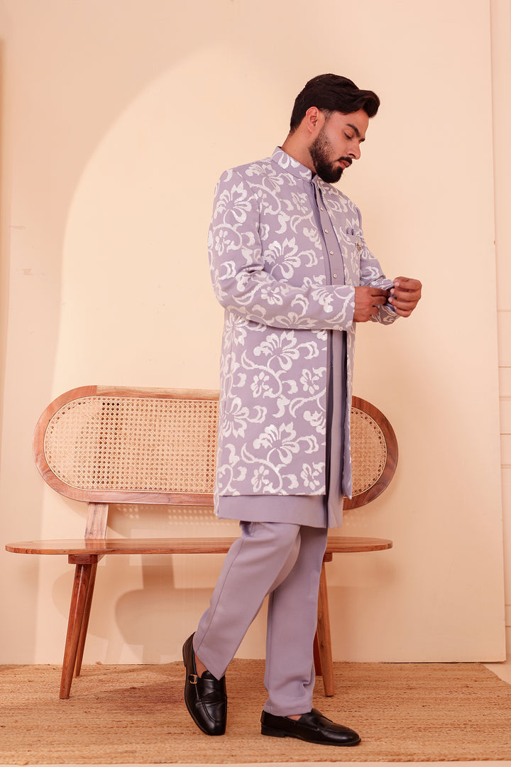 Light Lavander Jacket Style Indo-western Suit embroidered in White Sequin Floral.