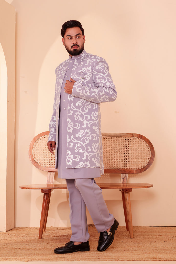 Light Lavander Jacket Style Indo-western Suit embroidered in White Sequin Floral.