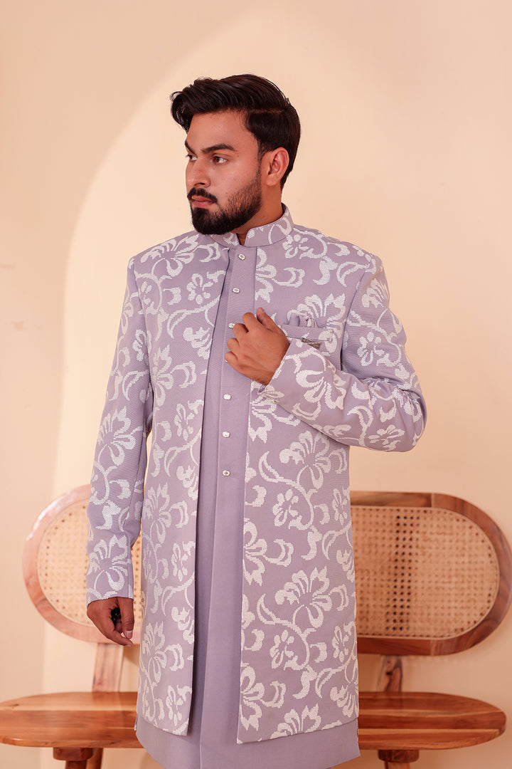 Light Lavander Jacket Style Indo-western Suit embroidered in White Sequin Floral.