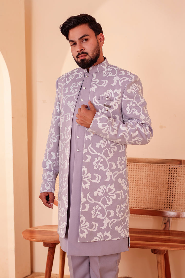Light Lavander Jacket Style Indo-western Suit embroidered in White Sequin Floral.