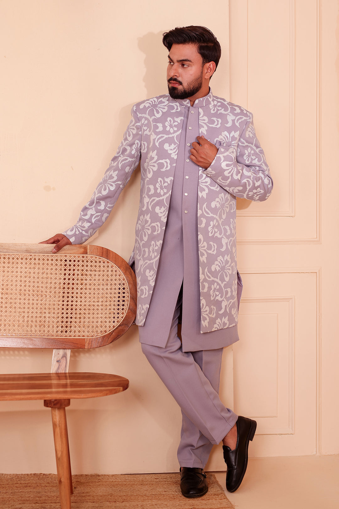 Light Lavander Jacket Style Indo-western Suit embroidered in White Sequin Floral.