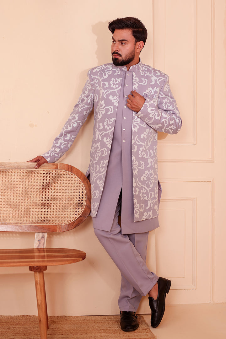 Light Lavander Jacket Style Indo-western Suit embroidered in White Sequin Floral.