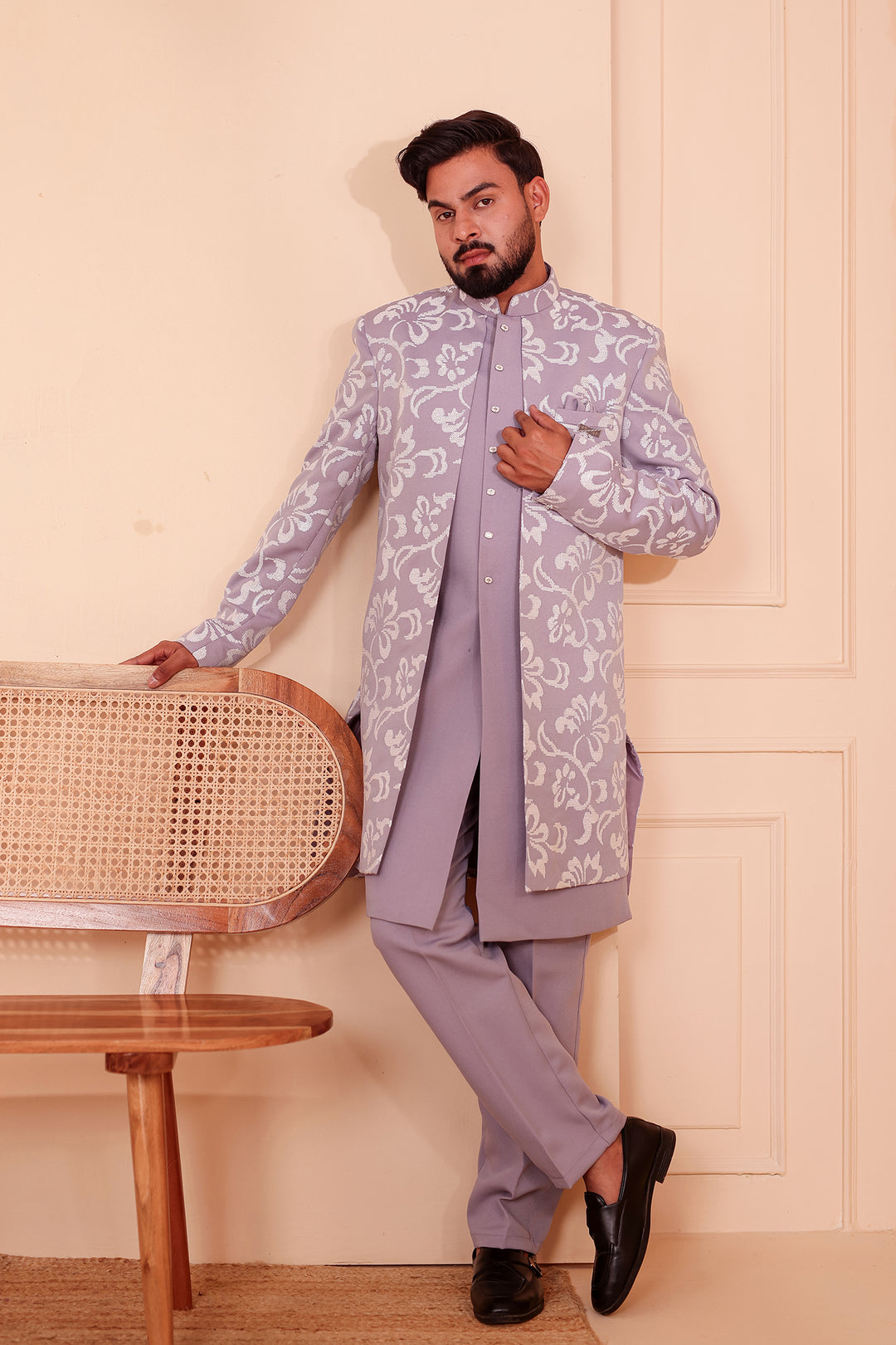 Light Lavander Jacket Style Indo-western Suit embroidered in White Sequin Floral.