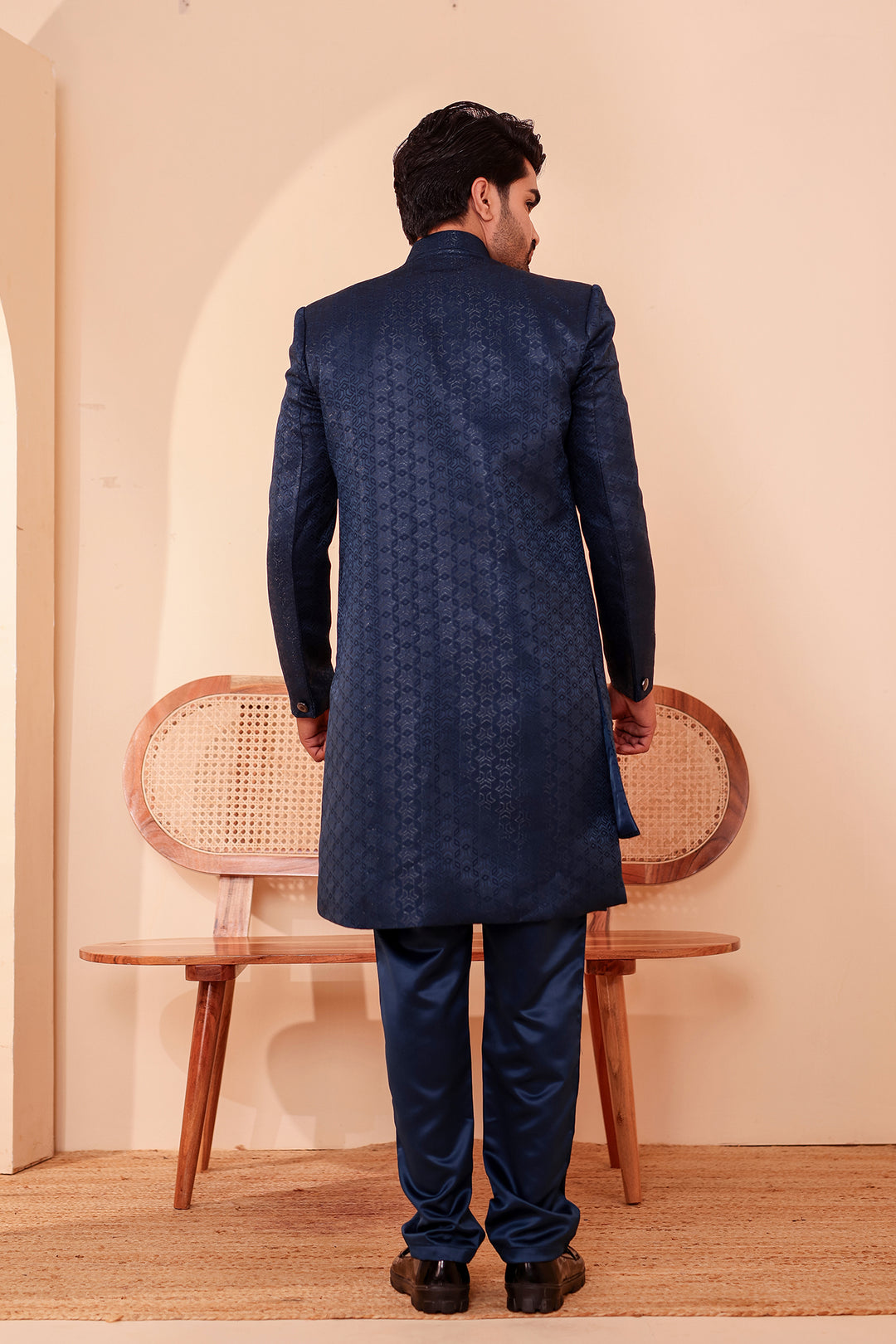 Midnight Blue Brocade Silk Jacket Style Indo-western Suit.