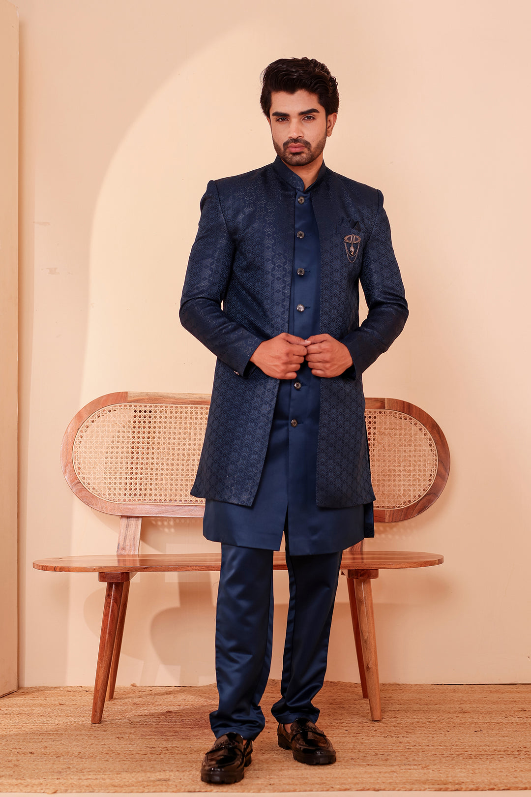 Midnight Blue Brocade Silk Jacket Style Indo-western Suit.