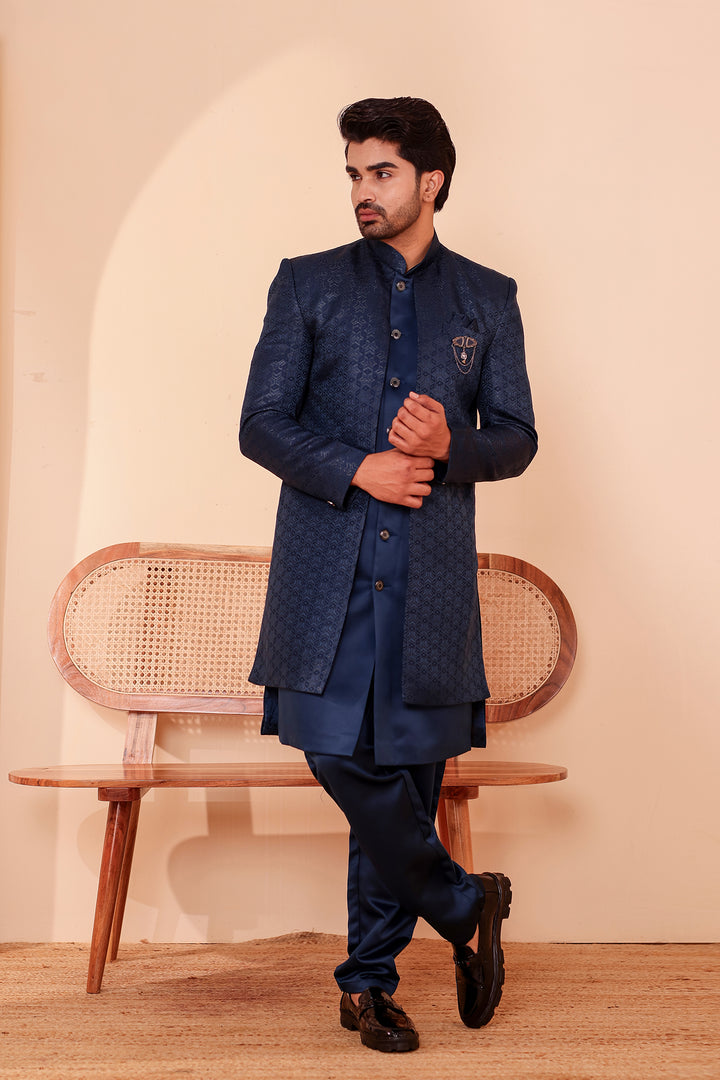 Midnight Blue Brocade Silk Jacket Style Indo-western Suit.