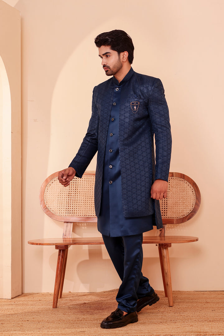 Midnight Blue Brocade Silk Jacket Style Indo-western Suit.