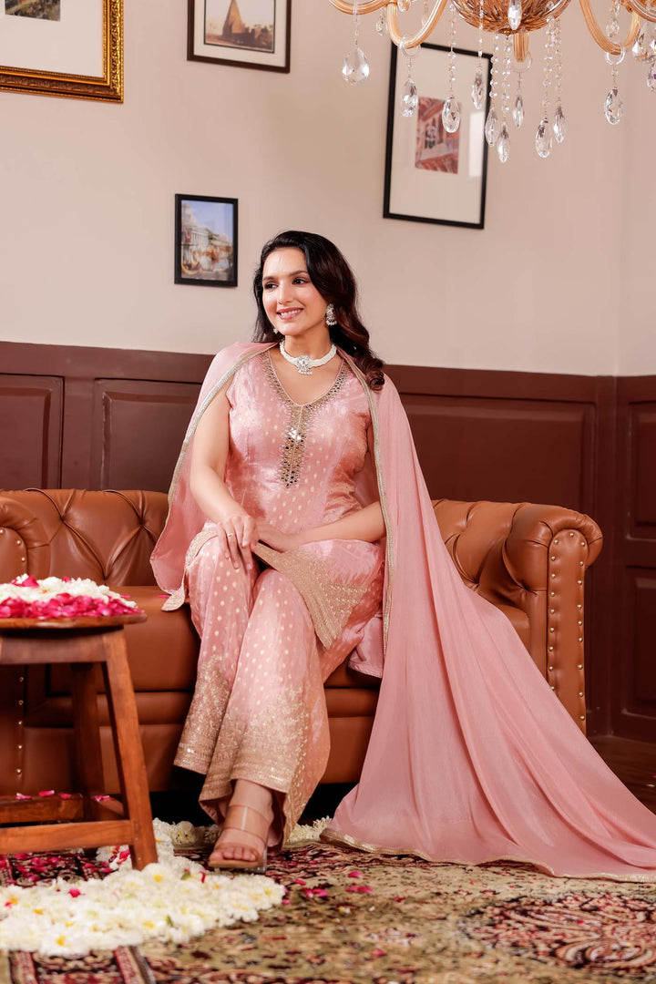 Dusty Pink Banarsi Butti Palazzo Suit.