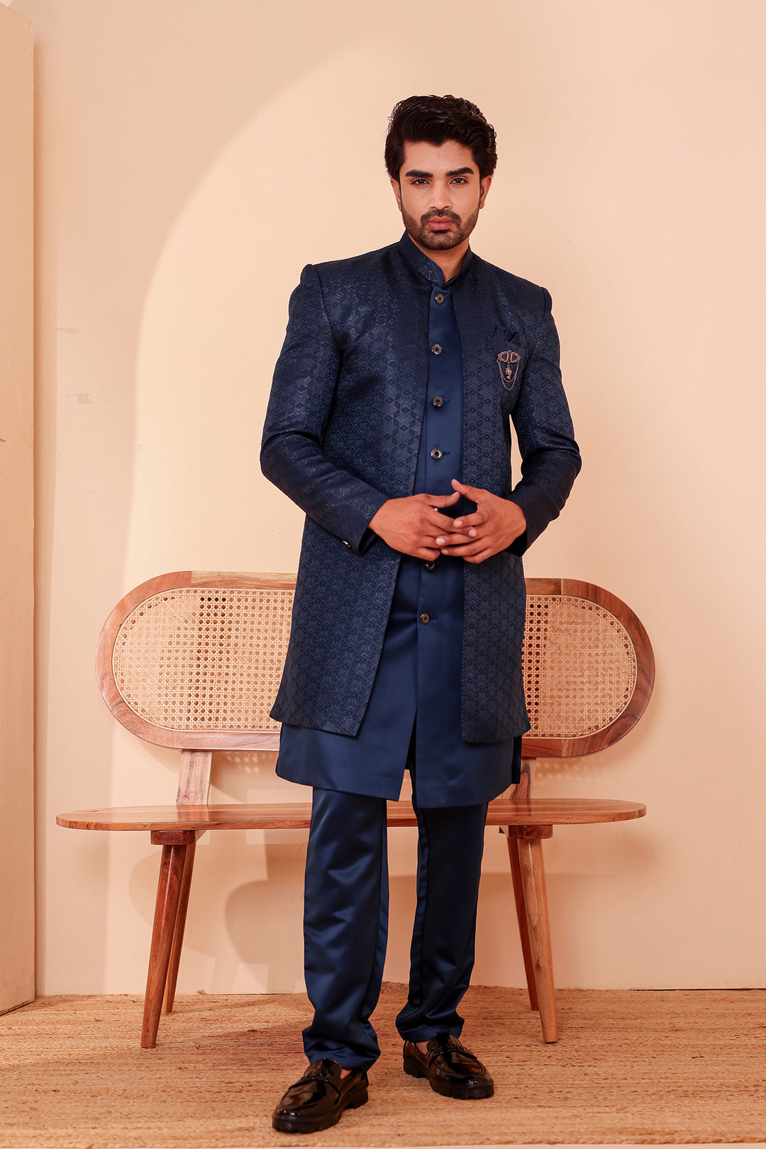 Midnight Blue Brocade Silk Jacket Style Indo-western Suit.
