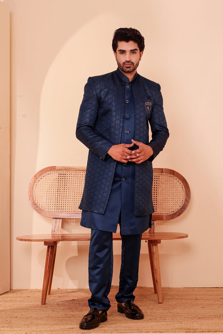 Midnight Blue Brocade Silk Jacket Style Indo-western Suit.