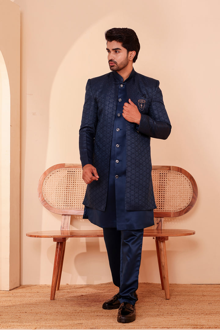Midnight Blue Brocade Silk Jacket Style Indo-western Suit.
