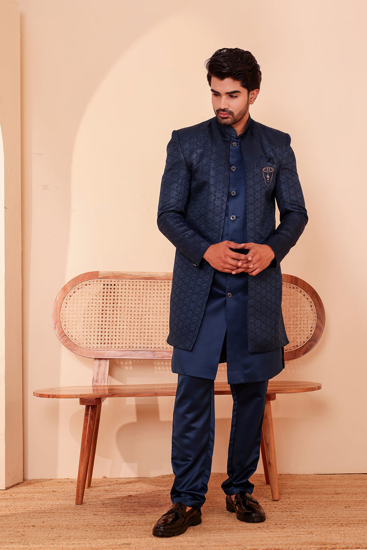 Midnight Blue Brocade Silk Jacket Style Indo-western Suit.