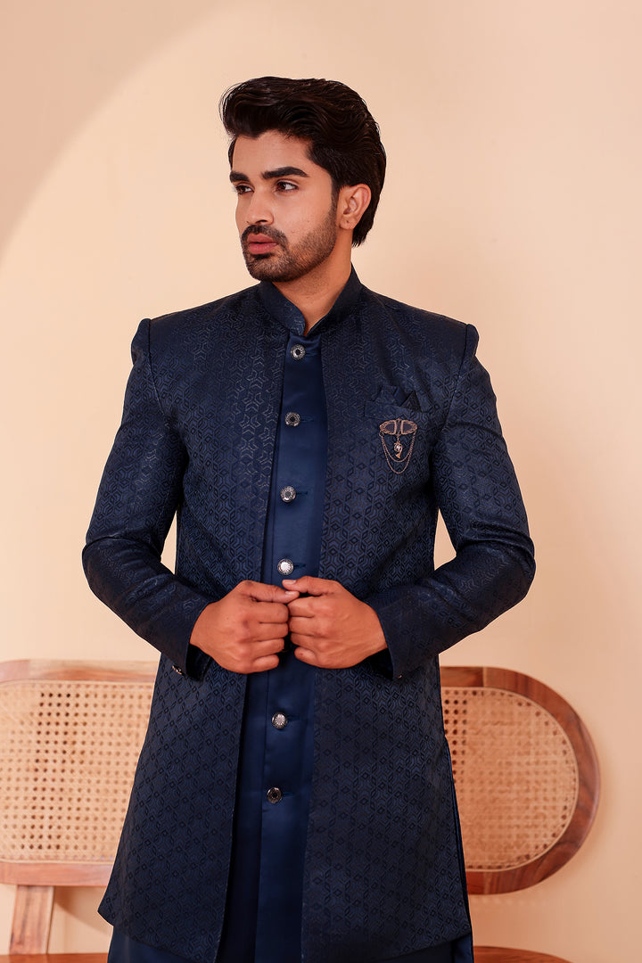 Midnight Blue Brocade Silk Jacket Style Indo-western Suit.