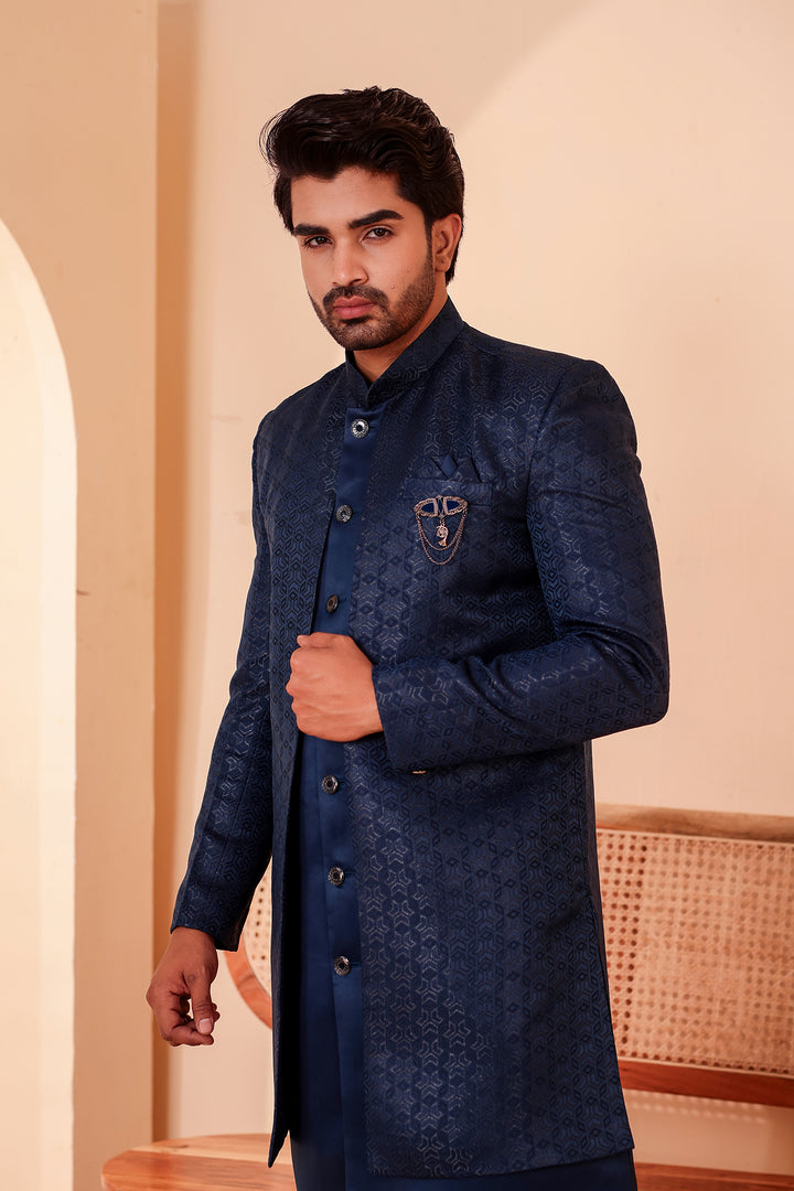 Midnight Blue Brocade Silk Jacket Style Indo-western Suit.