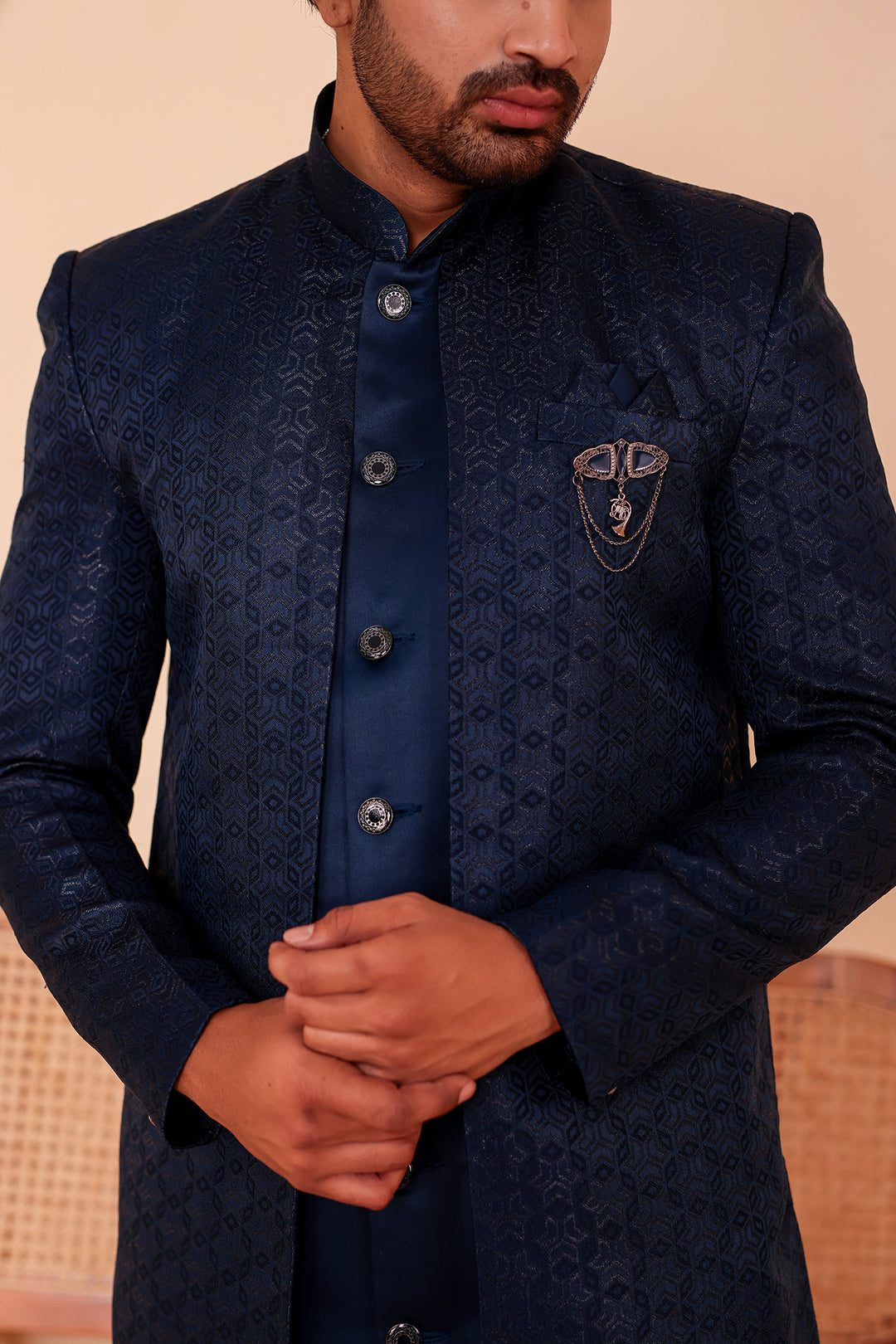 Midnight Blue Brocade Silk Jacket Style Indo-western Suit.