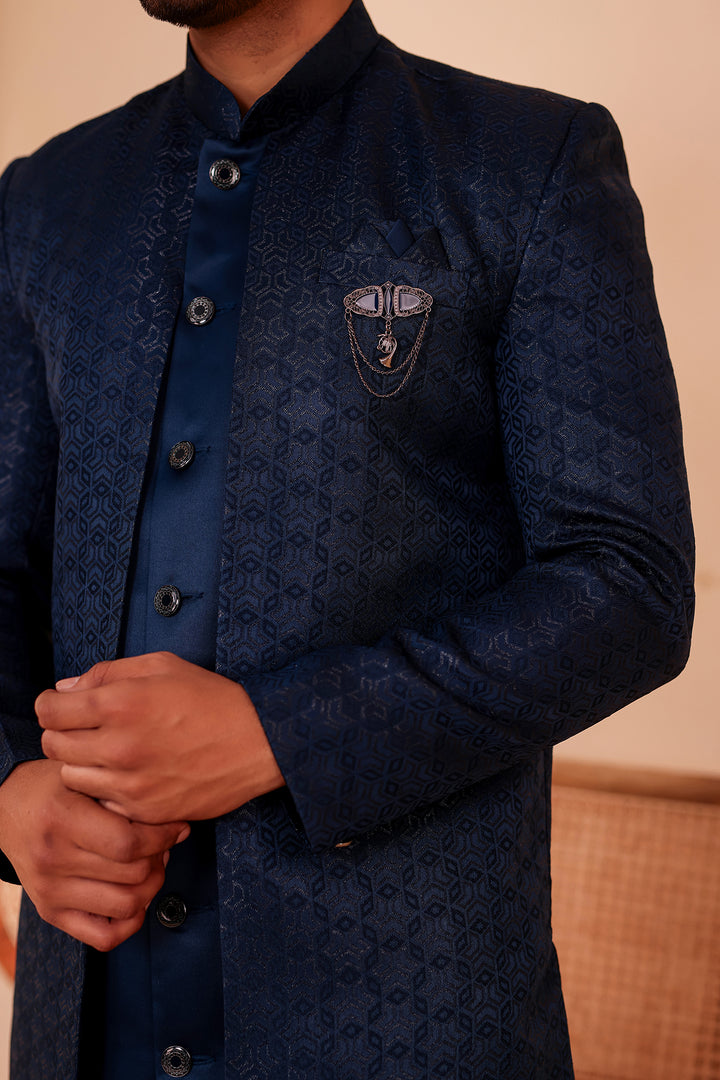 Midnight Blue Brocade Silk Jacket Style Indo-western Suit.