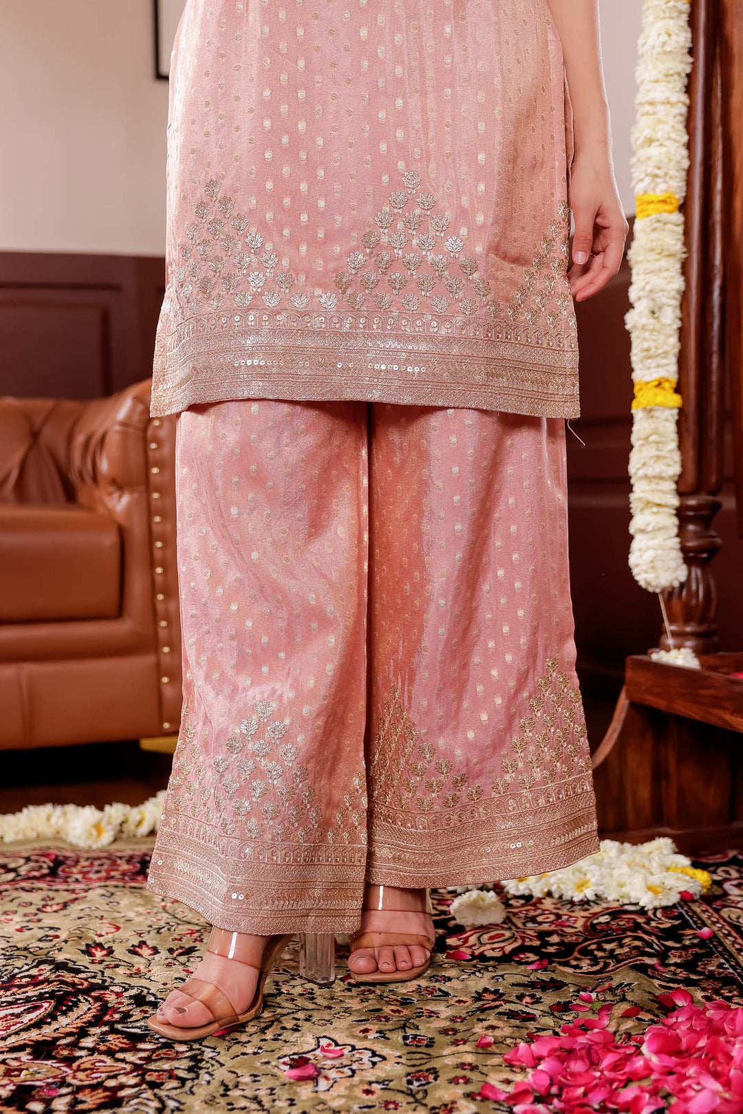 Dusty Pink Banarsi Butti Palazzo Suit.