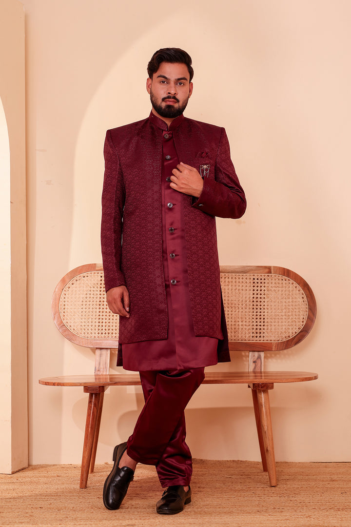 Wine Brocade Silk Jacket Style Indo-western Suit.