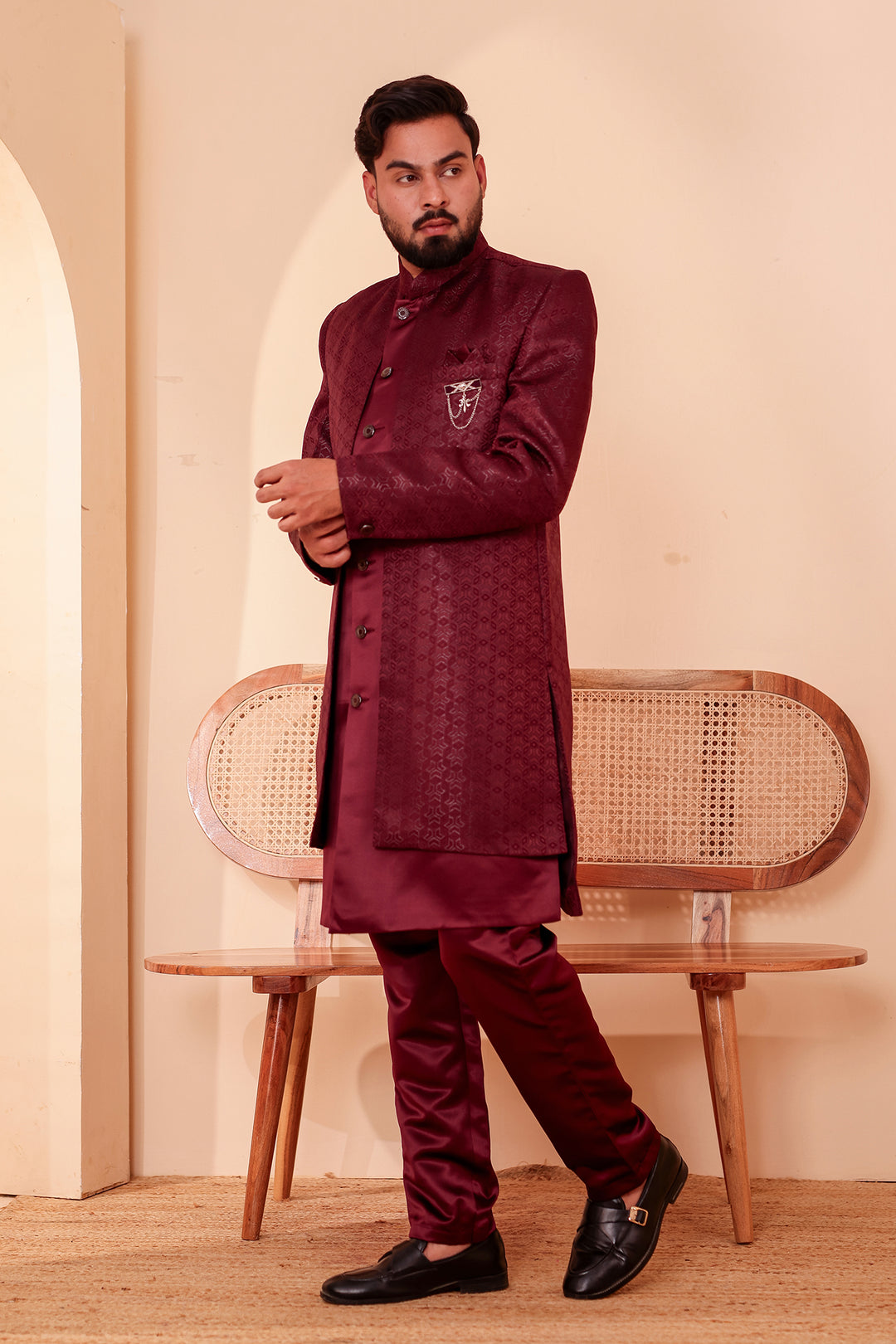 Wine Brocade Silk Jacket Style Indo-western Suit.