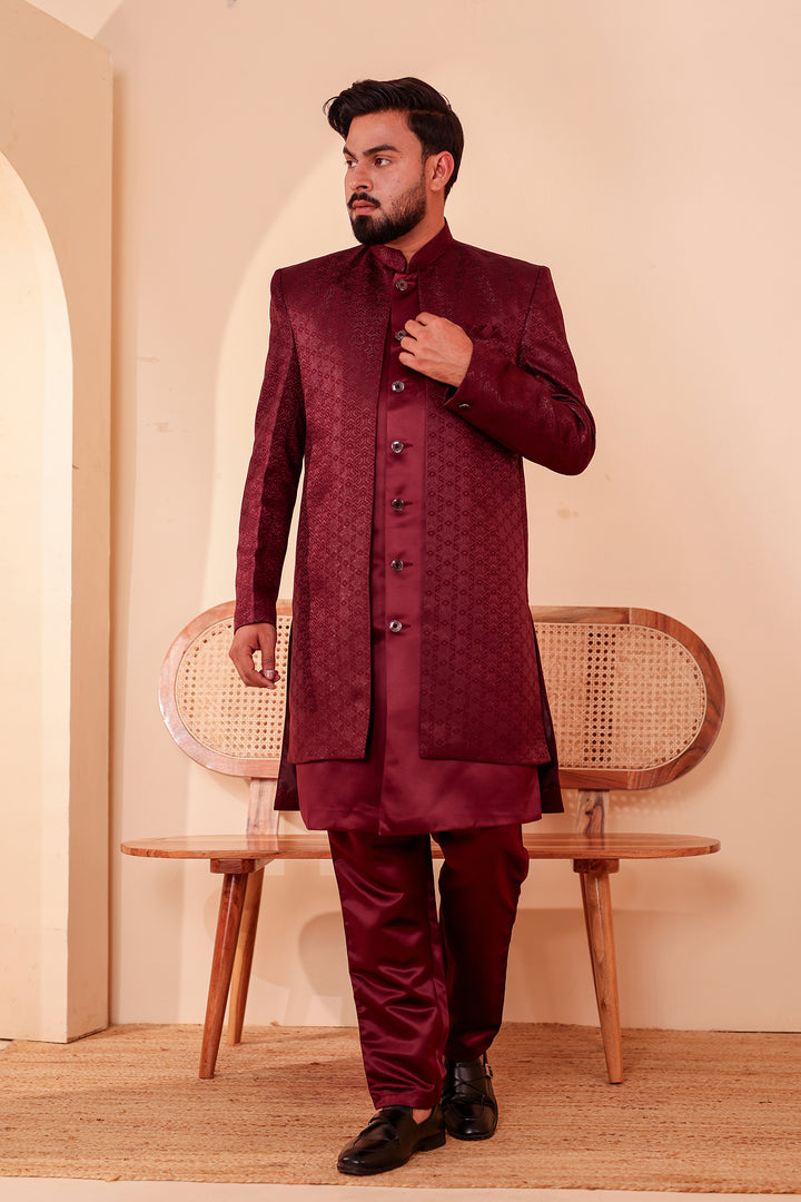 Wine Brocade Silk Jacket Style Indo-western Suit.