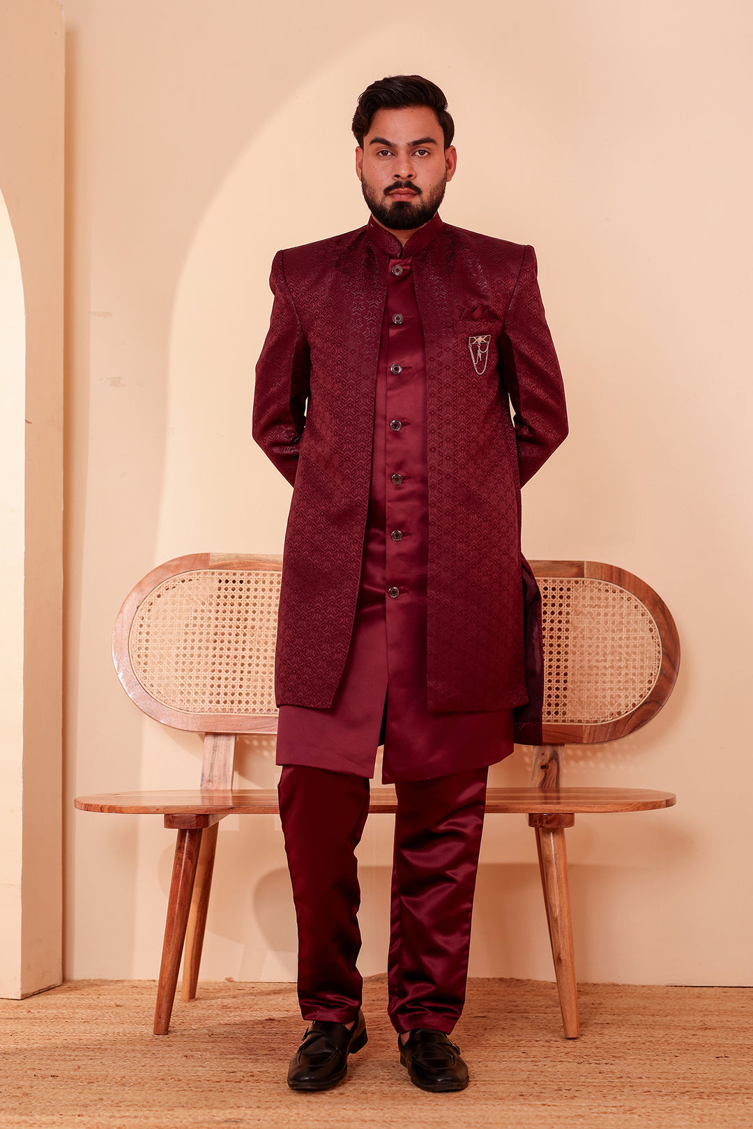 Wine Brocade Silk Jacket Style Indo-western Suit.