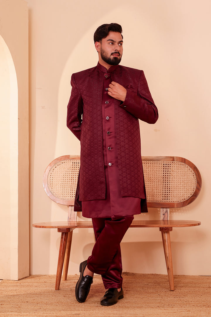 Wine Brocade Silk Jacket Style Indo-western Suit.