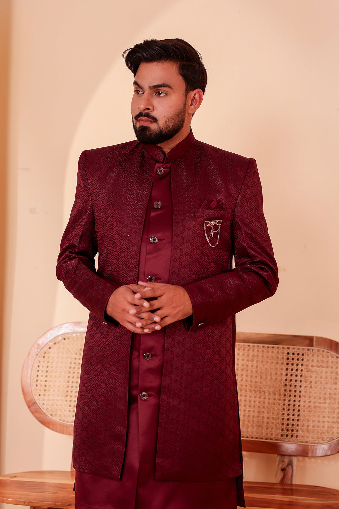 Wine Brocade Silk Jacket Style Indo-western Suit.