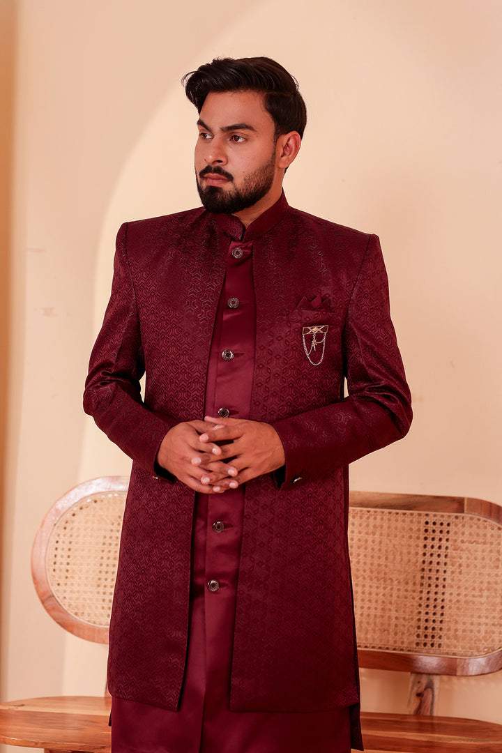 Wine Brocade Silk Jacket Style Indo-western Suit.