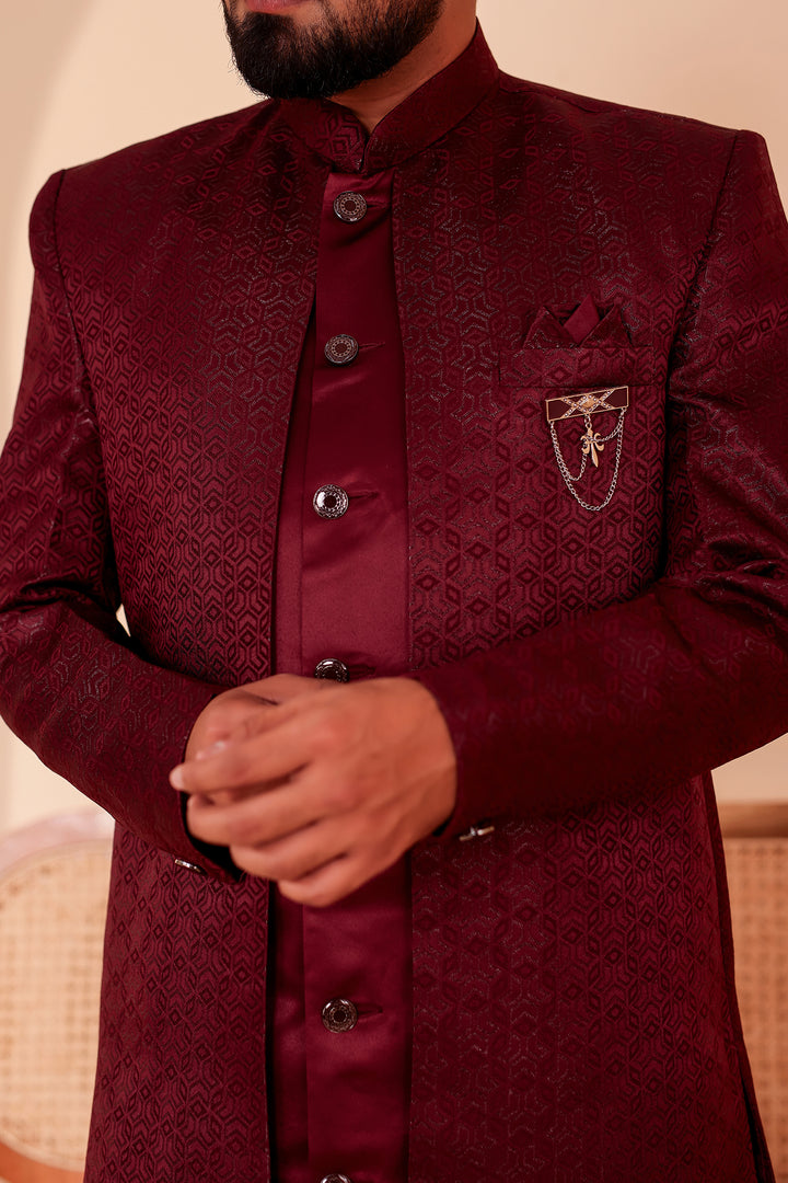 Wine Brocade Silk Jacket Style Indo-western Suit.