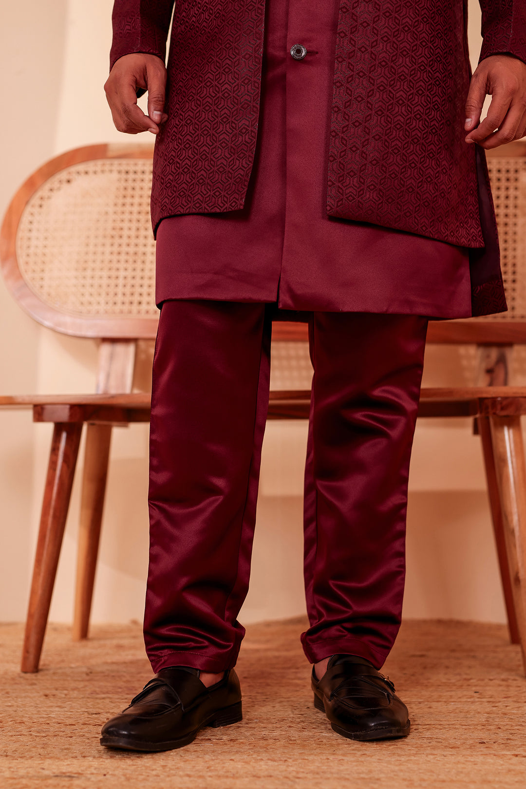 Wine Brocade Silk Jacket Style Indo-western Suit.