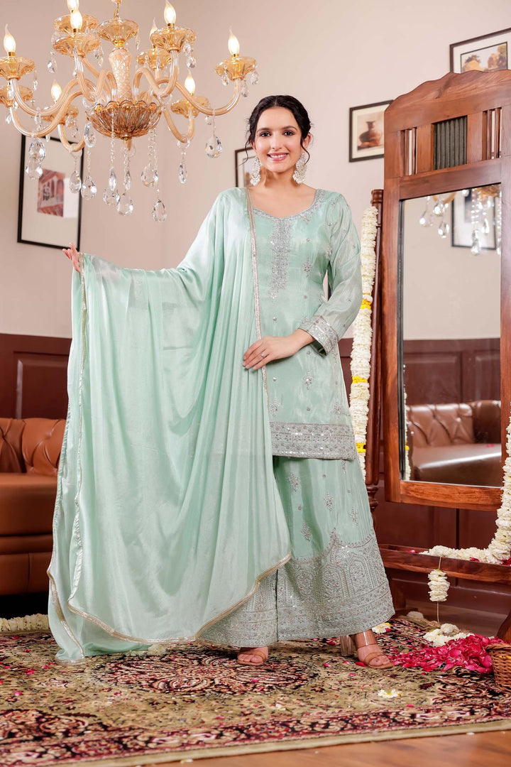Sea Green Soft Silk Palazzo Suit.