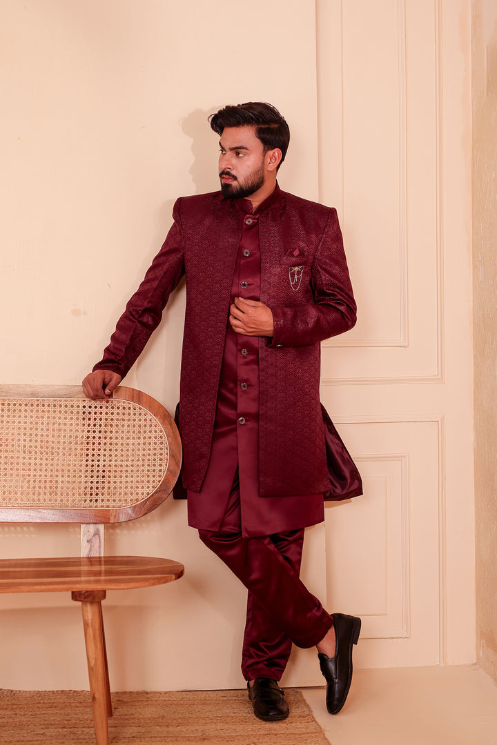 Wine Brocade Silk Jacket Style Indo-western Suit.