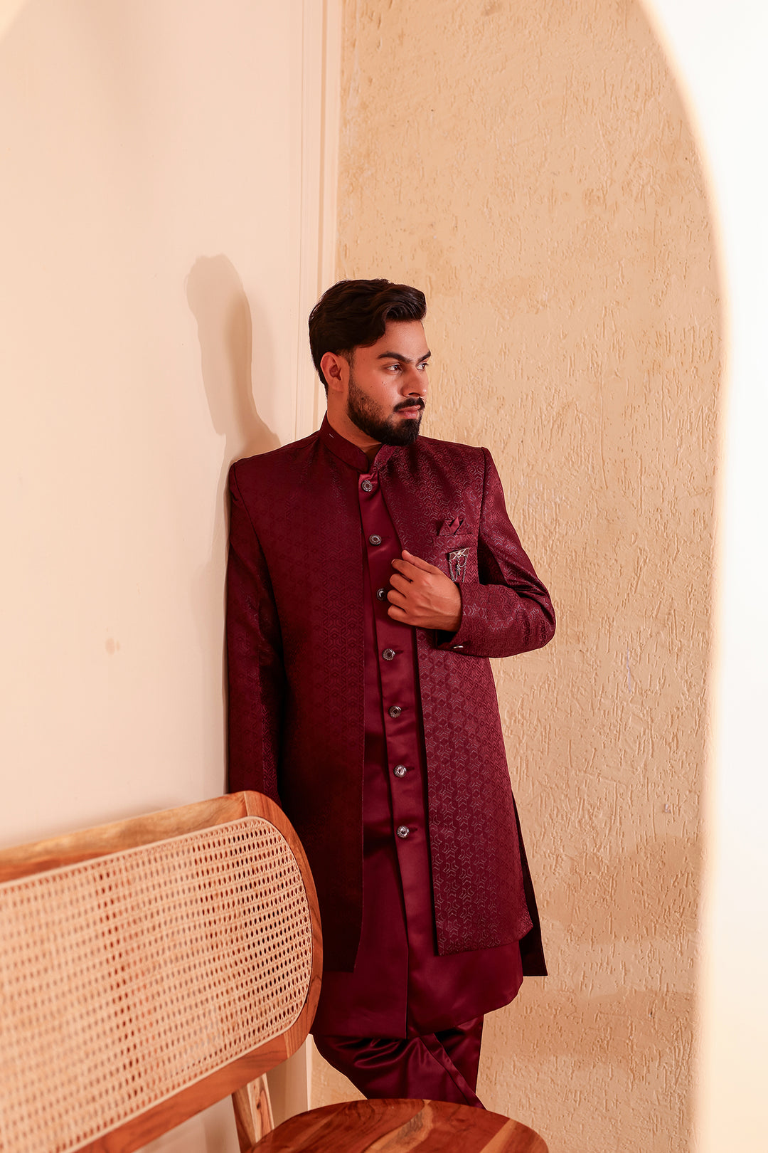 Wine Brocade Silk Jacket Style Indo-western Suit.