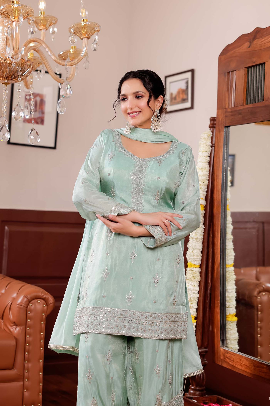 Sea Green Soft Silk Palazzo Suit.